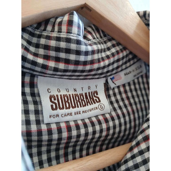 Country Suburbans Vintage Gingham Button Down Shirt Black White Red Made in USA - Picture 2 of 2